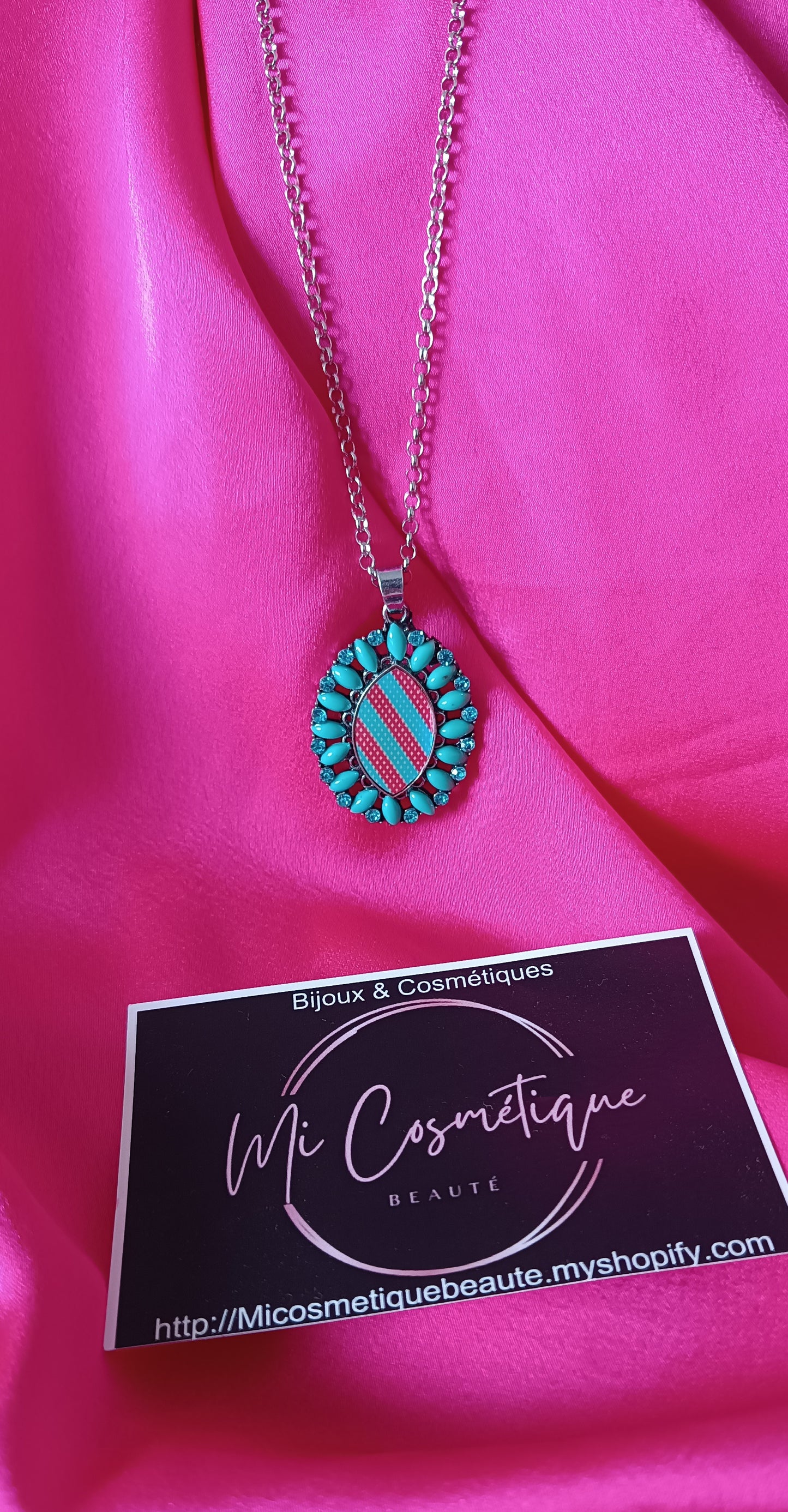 Long collier chaîne et pendentif Ajustable turquoise et fushia