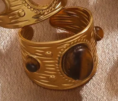 Bague Ajustable Réglable Acier inoxydable et Or 18K Pierre naturelle