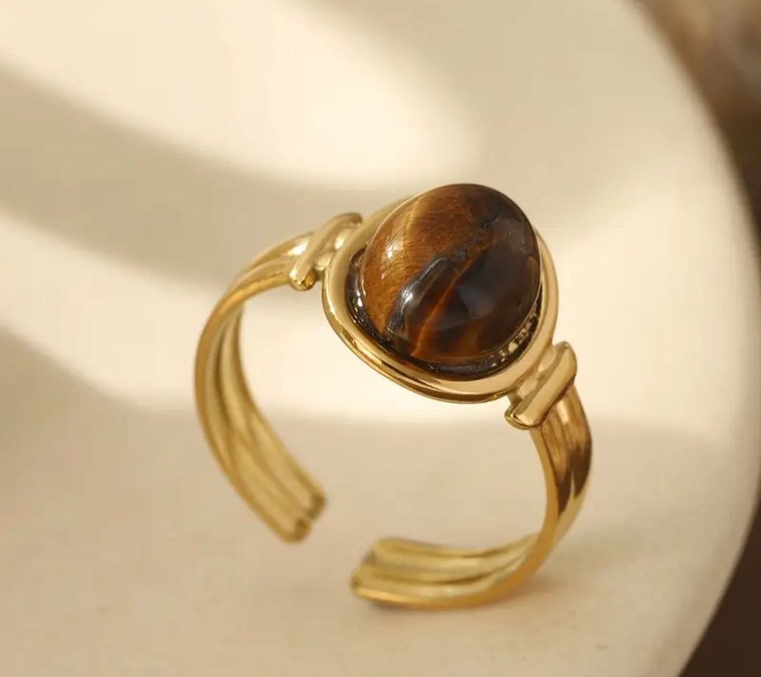Bague Ajustable Réglable Acier inoxydable design géométrique rétro irrégulière avec Pierre naturelle
