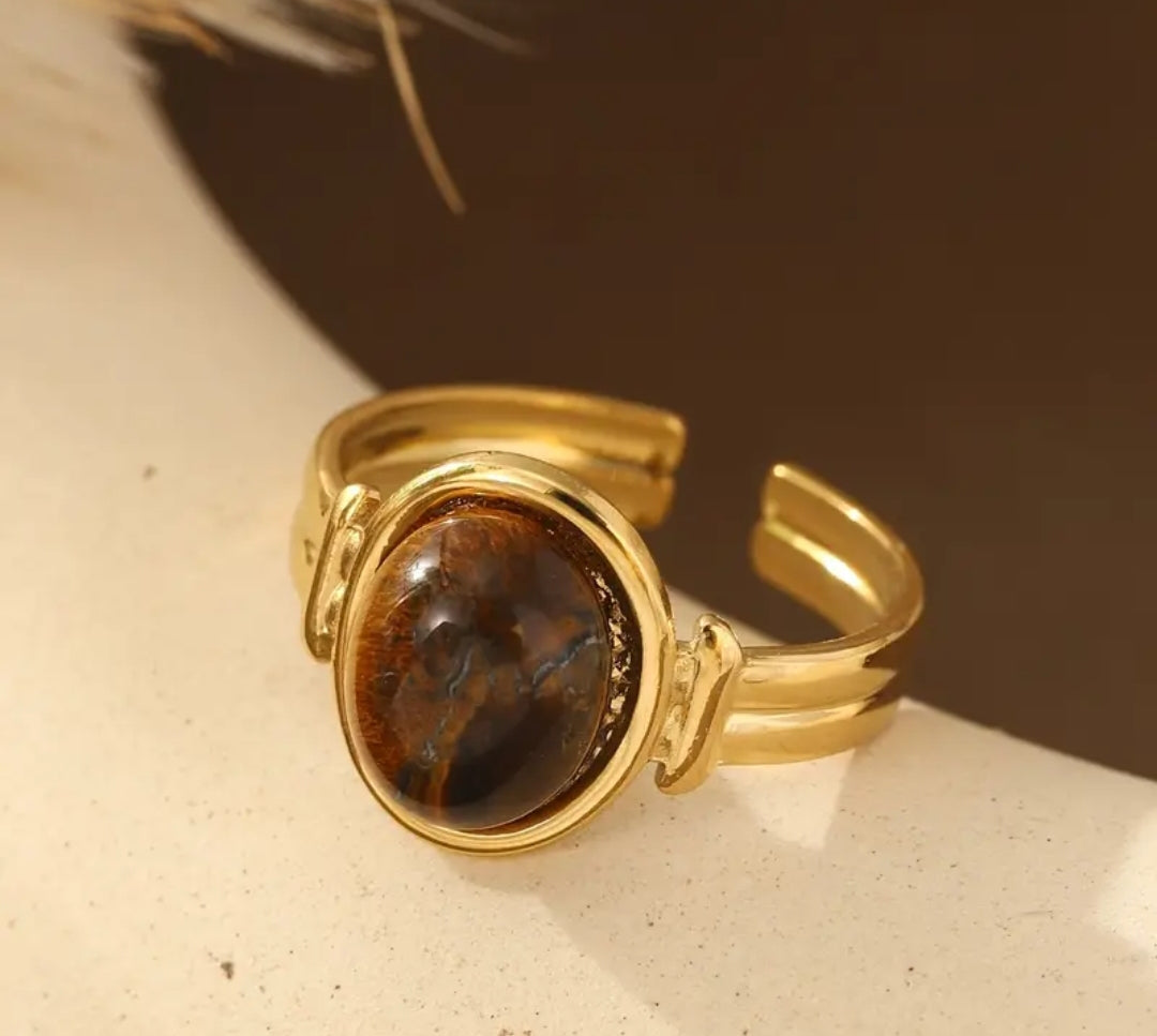 Bague Ajustable Réglable Acier inoxydable design géométrique rétro irrégulière avec Pierre naturelle
