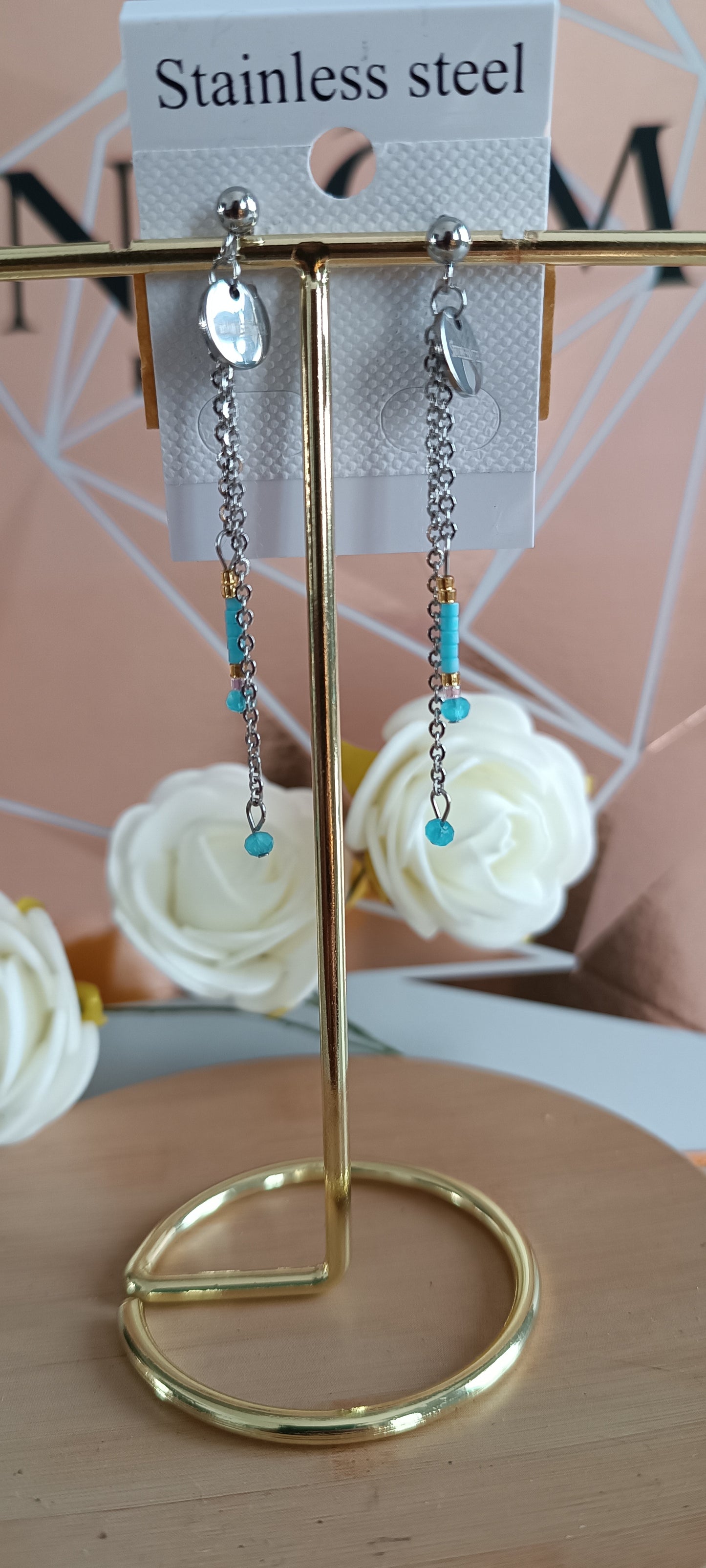 Boucles d'oreilles bleue acier inoxydable perle légère chic