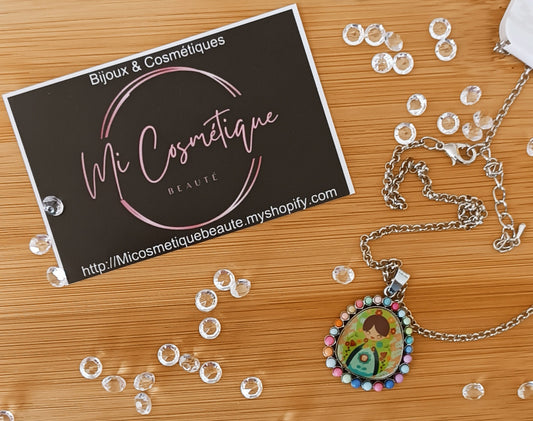 Chaîne et Pendentif Acier assemblage de perles multicolores Arc en ciel Fille