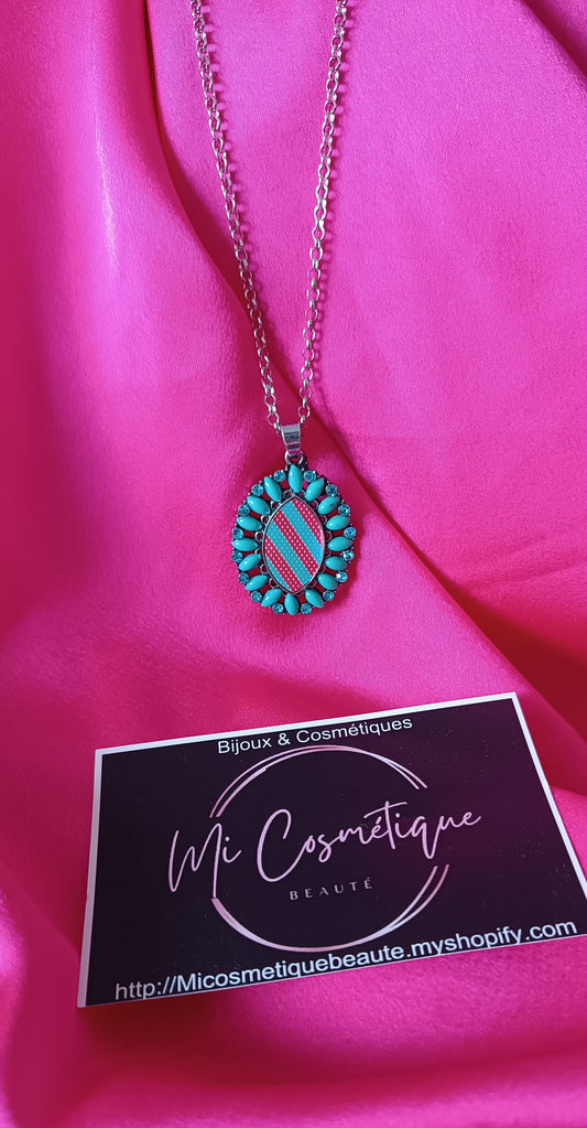 Long collier chaîne et pendentif Ajustable turquoise et fushia