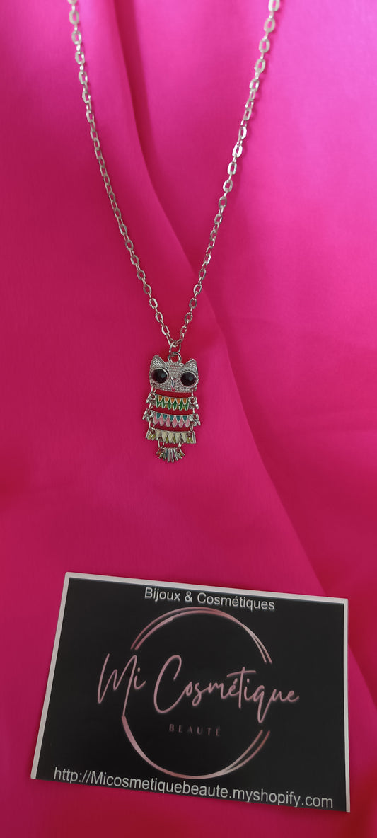 Chaine et Pendentif hibou acier argenté