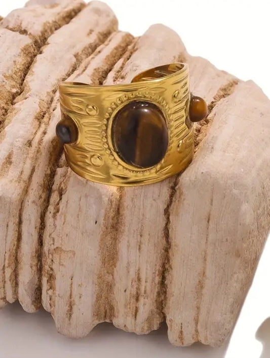 Bague Ajustable Réglable Acier inoxydable et Or 18K Pierre naturelle
