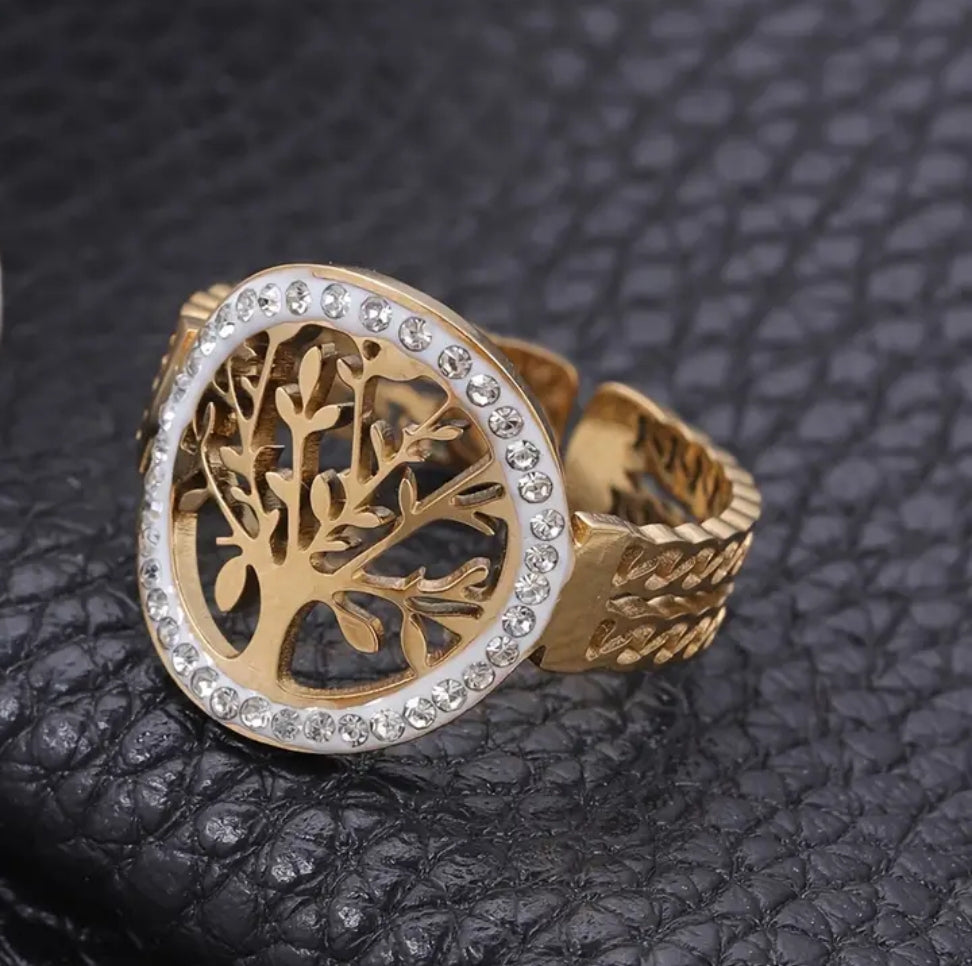 Bague Ajustable Réglable Acier inoxydable Pierre incrustée Arbre de vie