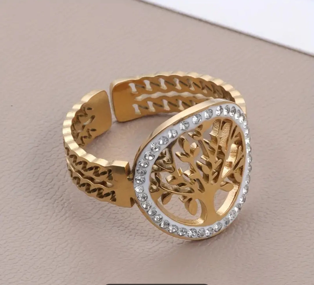 Bague Ajustable Réglable Acier inoxydable Pierre incrustée Arbre de vie