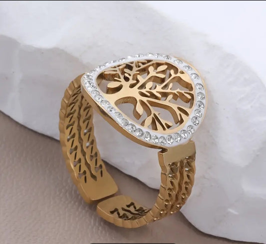 Bague Ajustable Réglable Acier inoxydable Pierre incrustée Arbre de vie