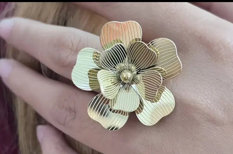 Bague Ajustable Réglable Acier inoxydable et plaqué Or 18K double couche Florale Chic