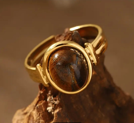 Bague Ajustable Réglable Acier inoxydable design géométrique rétro irrégulière avec Pierre naturelle