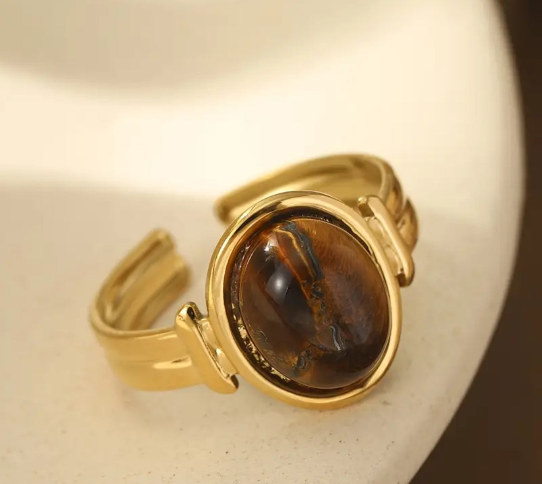 Bague Ajustable Réglable Acier inoxydable design géométrique rétro irrégulière avec Pierre naturelle