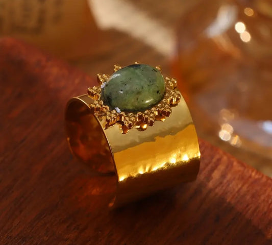 Bague Ajustable Réglable Acier inoxydable forme Soleil avec Pierre naturelle verte