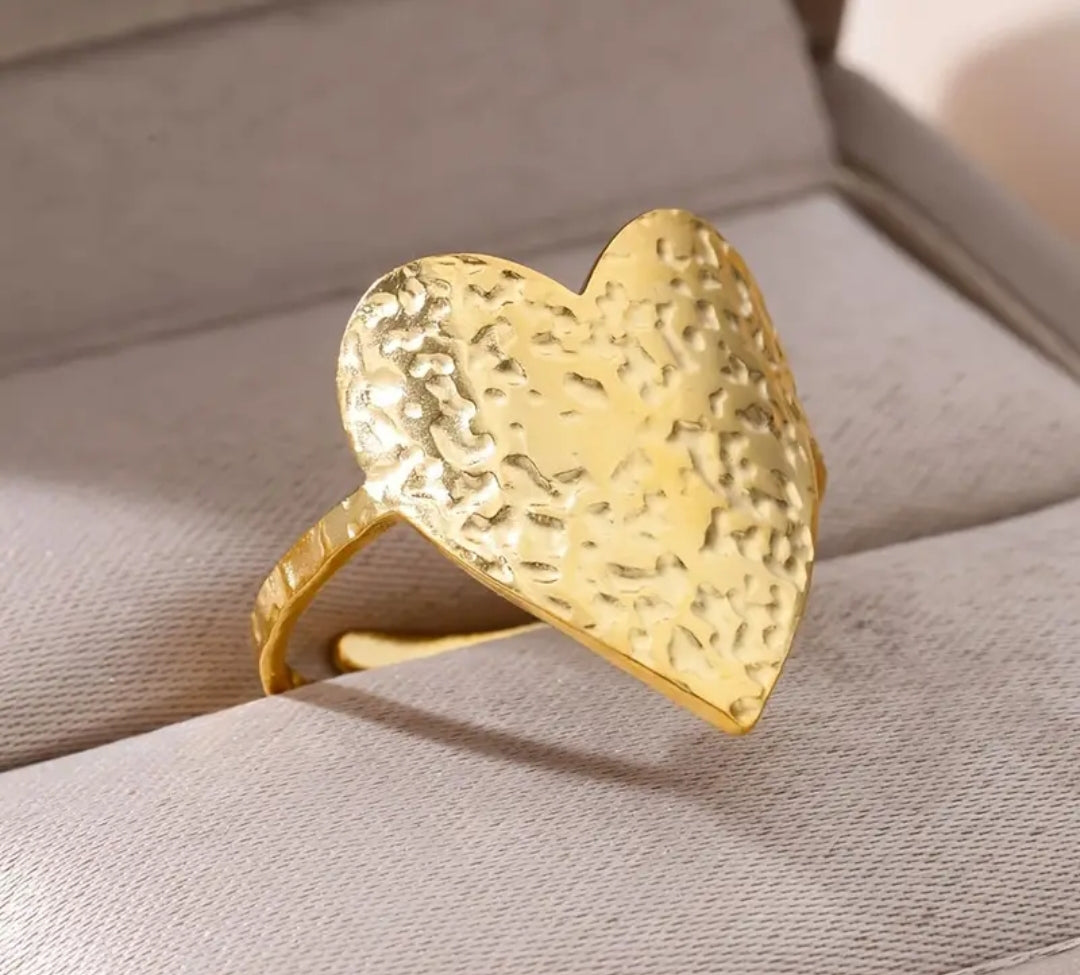 Bague Ajustable Réglable Acier inoxydable Coeur finition martelé