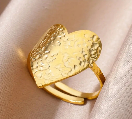 Bague Ajustable Réglable Acier inoxydable Coeur finition martelé