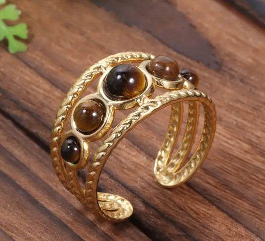 Bague Ajustable Réglable Acier inoxydable  et plaqué Or 18K avec pierre naturelle de tigre oeil