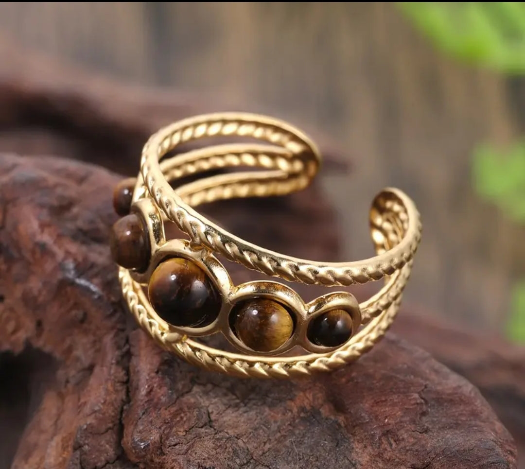 Bague Ajustable Réglable Acier inoxydable  et plaqué Or 18K avec pierre naturelle de tigre oeil