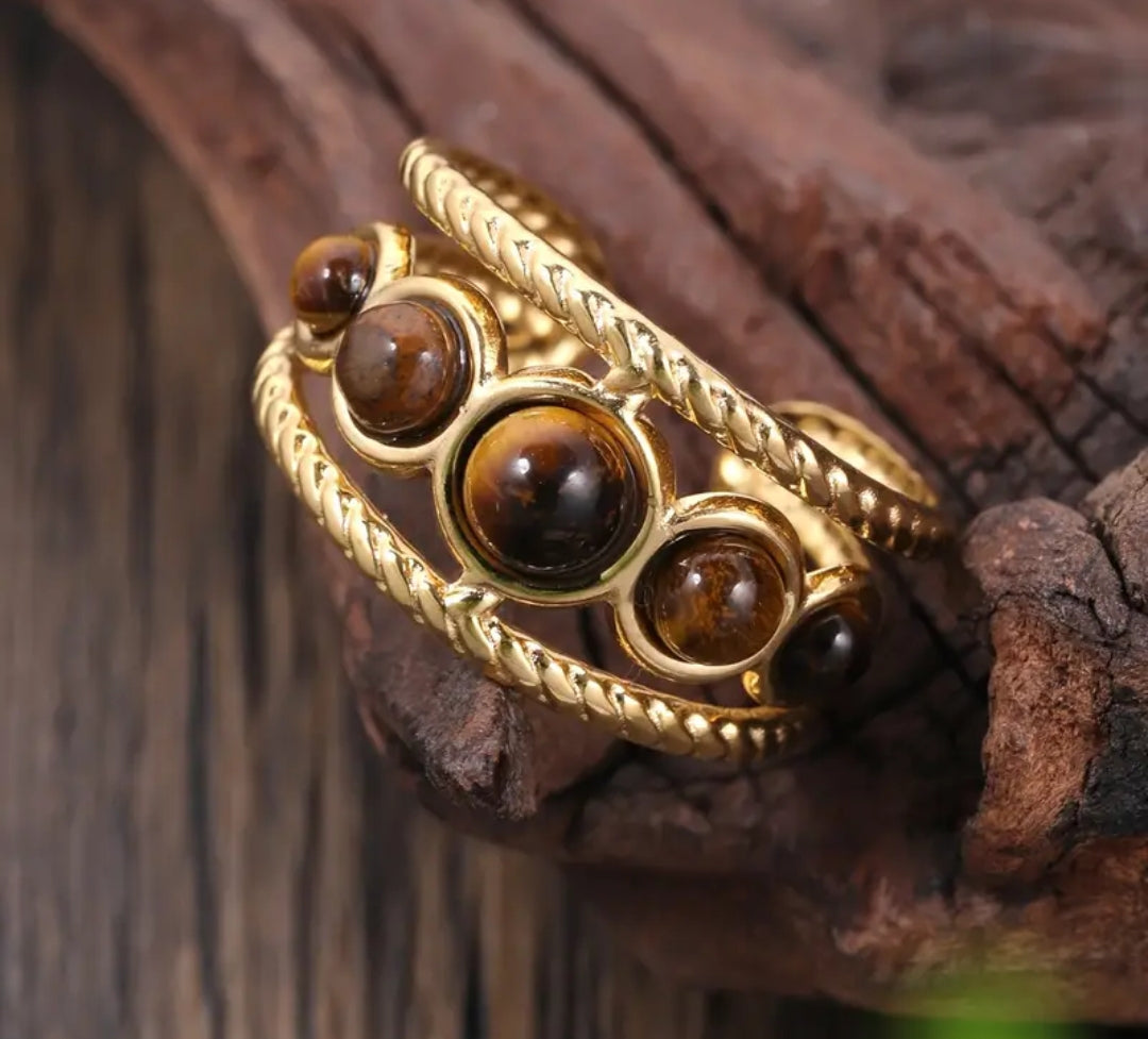 Bague Ajustable Réglable Acier inoxydable  et plaqué Or 18K avec pierre naturelle de tigre oeil