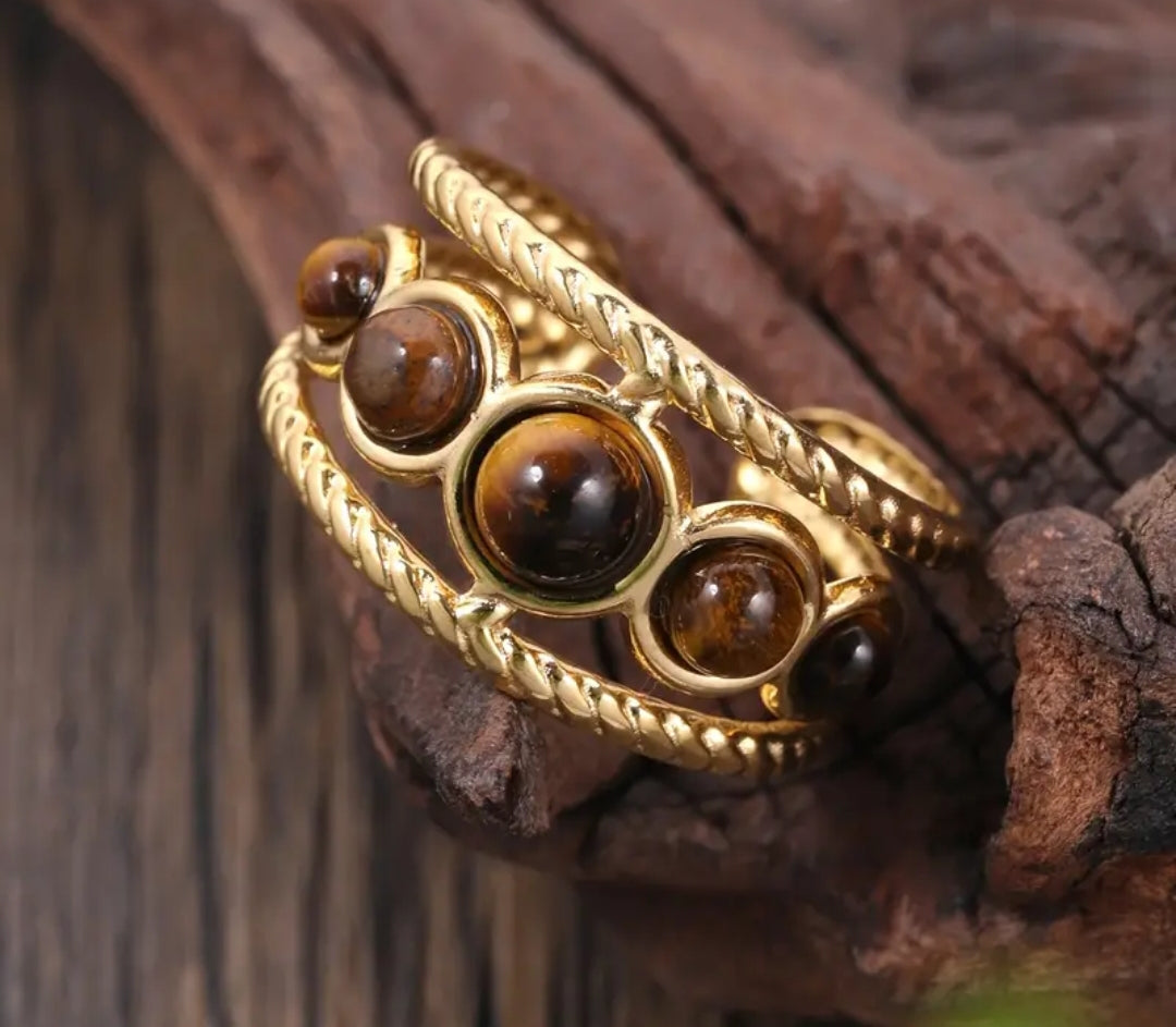 Bague Ajustable Réglable Acier inoxydable  et plaqué Or 18K avec pierre naturelle de tigre oeil