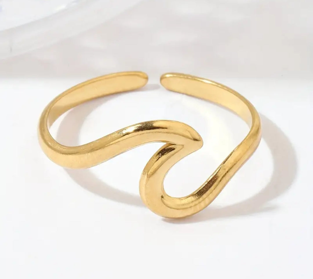 Bague Ajustable Réglable Acier inoxydable et placage Plaqué Or 18K Vague