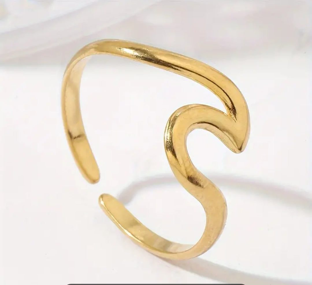 Bague Ajustable Réglable Acier inoxydable et placage Plaqué Or 18K Vague