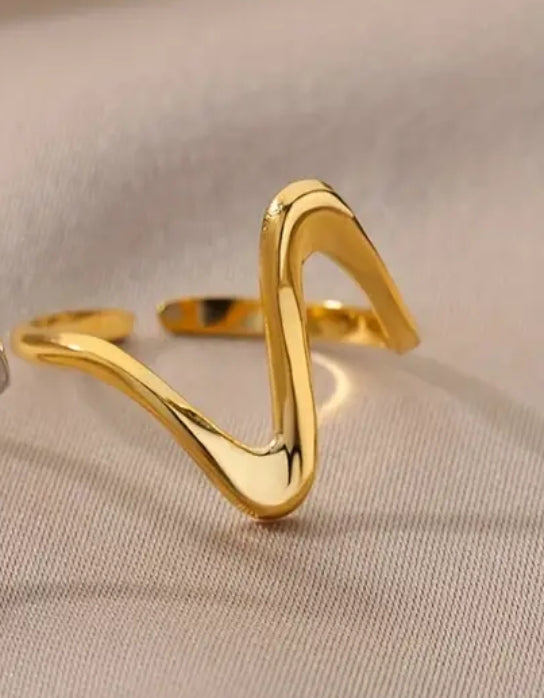 Bague Ajustable Réglable Acier inoxydable et placage Or 18K Vague