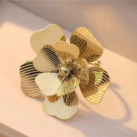 Bague Ajustable Réglable Acier inoxydable et plaqué Or 18K double couche Florale Chic