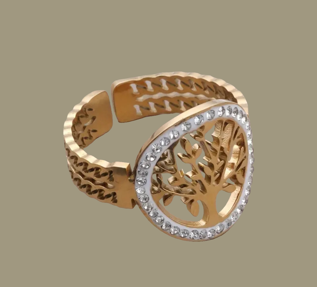 Bague Ajustable Réglable Acier inoxydable Pierre incrustée Arbre de vie