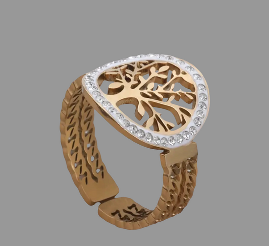 Bague Ajustable Réglable Acier inoxydable Pierre incrustée Arbre de vie