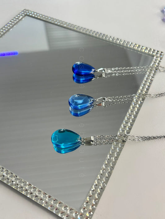 Pendentif en verre Bleue - Forme de Goutte - chaîne en acier inoxydable ajustable