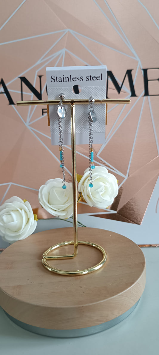 Boucles d'oreilles bleue acier inoxydable perle légère chic